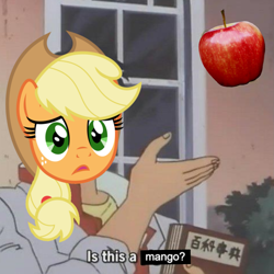 Size: 1587x1587 | Tagged: safe, imported from derpibooru, applejack, earth pony, pony, scootertrix the abridged, apple, book, food, is this a pigeon, meme, open mouth