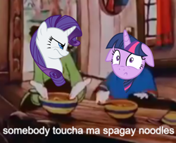 Size: 1080x882 | Tagged: safe, imported from derpibooru, rarity, twilight sparkle, unicorn, scootertrix the abridged, angry, floppy ears, meme, somebody toucha my spaghet