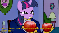 Size: 1920x1080 | Tagged: safe, imported from derpibooru, twilight sparkle, pony, unicorn, scootertrix the abridged, angry, apple, female, food, implied applejack, lamp, meme, solo, steamed hams, the simpsons