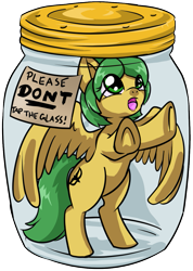 Size: 891x1254 | Tagged: safe, artist:dawnallies, imported from derpibooru, part of a set, oc, oc only, pegasus, pony, belle, don't tap on the glass, don't tap the pony in the jar, female, glass, green, part of a series, plastic, pony in a bottle, simple background, solo, stuck, transparent background, trapped, yellow