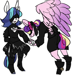 Size: 800x800 | Tagged: safe, artist:sock, imported from derpibooru, princess cadance, shining armor, anthro, 2b, 9s, blindfold, blindfolded, clothes, commission, commissioner:alkonium, cosplay, costume, crossdressing, crossplay, dress, nier: automata, not gleaming shield, not prince bolero, not rule 63