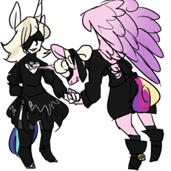 Size: 400x400 | Tagged: safe, artist:sock, imported from derpibooru, princess cadance, shining armor, anthro, 2b, 9s, blindfold, blindfolded, clothes, commission, commissioner:alkonium, cosplay, costume, crossdressing, crossplay, dress, nier: automata, not gleaming shield, not prince bolero, not rule 63