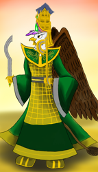 Size: 800x1400 | Tagged: safe, artist:horsesplease, imported from derpibooru, gilda, anthro, griffon, armor, axe, cloak, clothes, crown, emerald, empress, gold, helmet, jewelry, khopesh, obsidian, paint tool sai, queen gilda, rabydosverse, regalia, robes, sarmelonid, smiling, smirk, vozonid, weapon, wings