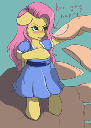 Size: 1064x1496 | Tagged: safe, artist:kittytitikitty, imported from derpibooru, fluttershy, human, pegasus, pony, blushing, clothes, dress, female, floppy ears, mare, question, tiny ponies