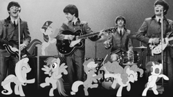 Size: 1280x720 | Tagged: safe, edit, imported from derpibooru, applejack, fluttershy, pinkie pie, rainbow dash, rarity, twilight sparkle, 1960s, 60s, black and white, concert, dancing, george harrison, grayscale, john lennon, monochrome, paul mccartney, ringo starr, the beatles, vector