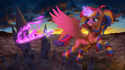 Size: 3000x1688 | Tagged: safe, artist:1jaz, imported from derpibooru, oc, oc only, oc:rainbow breaker, alicorn, pony, alicorn oc, castle, city, clothes, ear piercing, earring, flaming sword, flying, glowing horn, heterochromia, levitation, magic, piercing, scenery, socks, solo, striped socks, sword, telekinesis, tower, weapon