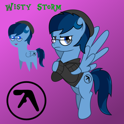 Size: 1080x1080 | Tagged: safe, artist:tacobender, imported from derpibooru, oc, oc only, oc:wisty storms, pegasus, pony, 3/4 view, angry, aphex twin, blue coat, blue eyes, blue mane, commission, crossed hooves, cutie mark, female, flying, gradient background, happy, mare, pointy ponies, purple background, serious, smiling, solo, three quarter view, vector
