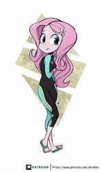 Size: 2904x4884 | Tagged: safe, artist:ohiekhe, imported from derpibooru, fluttershy, butterfly, fish, human, equestria girls, equestria girls series, forgotten friendship, blushing, clothes, cute, feet, female, flip-flops, fluttershy's wetsuit, human coloration, humanized, patreon, sandals, shy, shyabetes, solo, standing, swimsuit, wetsuit