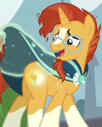 Size: 846x1054 | Tagged: safe, imported from derpibooru, screencap, sunburst, the parent map, booty call, cloak, clothes, cropped, glasses, glowing cutie mark, look at my ass, look at my butt, magic, robe, sunburst's cloak, sunburst's glasses, sunburst's robe
