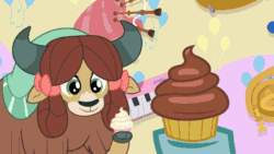 Size: 640x360 | Tagged: safe, imported from derpibooru, screencap, ocellus, pinkie pie, yona, earth pony, pony, yak, marks for effort, animated, belly flop, crushed, cupcake, cute, duo focus, female, food, jumping, this ended in pain, yonadorable