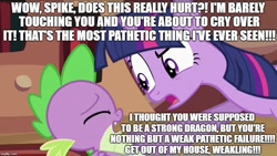 Size: 888x500 | Tagged: safe, edit, edited screencap, imported from derpibooru, screencap, spike, twilight sparkle, lesson zero, abuse, episode needed, funny, go to sleep garble, image macro, mean, meme, op didn't even try, op is a duck, shitposting, spikeabuse, spikeposting