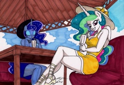 Size: 1954x1346 | Tagged: safe, artist:newyorkx3, imported from derpibooru, princess celestia, princess luna, alicorn, anthro, breasts, cleavage, clothes, crossed legs, dress, duo, eyes closed, female, hat, looking at you, mare, milkshake, royal sisters, sun hat, traditional art