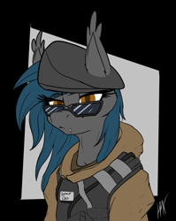 Size: 887x1112 | Tagged: safe, artist:hispushkaa, imported from derpibooru, oc, oc only, oc:speck, anthro, bat pony, bat pony oc, beret, bulletproof vest, hat, polish, rainbow six siege, solo, sunglasses, zofia, zofia bosak