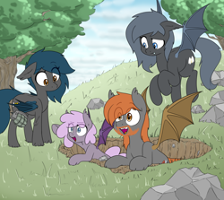 Size: 916x817 | Tagged: safe, artist:victoreach, imported from derpibooru, oc, oc only, oc:angel tears, oc:brick kindler, oc:sirocca, oc:speck, bat pony, angelkindler, concerned, family, female, foxhole, grandfather and grandchild, grandmother and grandchild, grenade, group, happy, mother and daughter, rock, tree