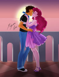 Size: 2153x2786 | Tagged: safe, artist:shinta-girl, imported from derpibooru, pinkie pie, oc, oc:copper plume, equestria girls, canon x oc, clothes, commissioner:imperfectxiii, converse, copperpie, couple, dress, female, freckles, glasses, jeans, kissing, male, neckerchief, ocean, pants, pier, shirt, shoes, straight, sunset