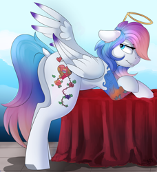 Size: 4448x4872 | Tagged: safe, artist:beardie, imported from derpibooru, oc, oc only, oc:lumi, pegasus, pony, absurd resolution, butt, dock, halo, plot, table, tablecloth, tattoo