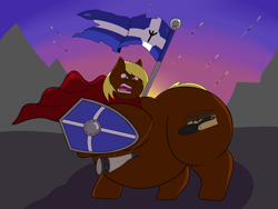 Size: 4000x3000 | Tagged: safe, artist:facade, imported from derpibooru, oc, oc:joey butterscotch, earth pony, arrow, arrows, bhm, cape, clothes, fat, flag, horn, male, musical instrument, runes, shield, sunset