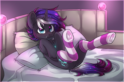 Size: 1565x1044 | Tagged: safe, alternate version, artist:trickate, imported from derpibooru, oc, oc only, pony, unicorn, bed, clothes, commission, featureless crotch, frog (hoof), looking at you, male, on back, pillow, socks, solo, stallion, striped socks, underhoof, ych result