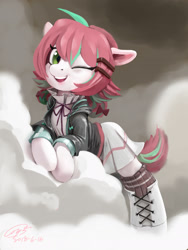 Size: 1536x2048 | Tagged: safe, artist:louislithium, imported from derpibooru, oc, oc only, pony, clothes, cloud, female, one eye closed, solo, wink