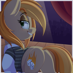 Size: 3000x3000 | Tagged: safe, artist:thegamblehorse, imported from derpibooru, oc, oc only, oc:parlay, pony, audience, clothes, dock, female, freckles, high res, lidded eyes, looking at you, looking back, looking back at you, mare, plot, shirt, smiling, smiling at you, solo, spotlight, stage