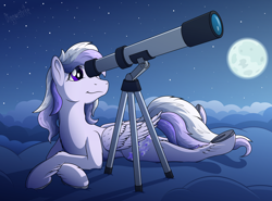 Size: 2300x1700 | Tagged: safe, artist:diggerstrike, imported from derpibooru, oc, oc only, oc:starstorm slumber, pegasus, pony, cute, female, lying down, moon, night, on side, side, solo, telescope