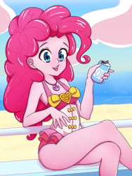 Size: 3000x4000 | Tagged: safe, artist:rockset, imported from derpibooru, pinkie pie, equestria girls, equestria girls series, forgotten friendship, beach, clothes, cute, diapinkes, drink, female, geode of sugar bombs, looking at you, magical geodes, open mouth, pinkie pie swimsuit, sitting, smiling, soda, solo, swimsuit, tongue out