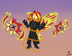 Size: 1400x1100 | Tagged: safe, artist:jazzytyfighter, imported from derpibooru, sunset shimmer, equestria girls, axel, black coat, chakram, clothes, cosplay, costume, crossover, cutie mark, disney, fiery shimmer, kingdom hearts, organization xiii