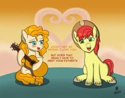 Size: 1400x1100 | Tagged: safe, artist:jazzytyfighter, imported from derpibooru, bright mac, pear butter, earth pony, pony, anime, brightbutter, couple, disney, duet, female, guitar, kingdom hearts, male, reference, romantic, shipping, simple and clean, song, song reference, straight