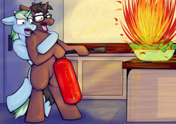 Size: 1024x724 | Tagged: safe, artist:fishiewishes, imported from derpibooru, oc, oc only, oc:coarse stone, oc:trailbreaker, unicorn, cooking, fire, fire extinguisher, floppy ears, house, kitchen