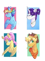 Size: 2403x3241 | Tagged: safe, artist:yomitai, imported from derpibooru, applejack, fluttershy, rainbow dash, rarity, pony, alternate hairstyle, bust, female, hay stalk, high res, one eye closed, portrait, straw in mouth, wink
