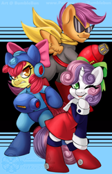 Size: 990x1530 | Tagged: safe, artist:bumblebun, imported from derpibooru, apple bloom, scootaloo, sweetie belle, earth pony, pegasus, pony, unicorn, bow, clothes, cutie mark crusaders, female, hair bow, looking at you, mega man, mega man (series), megaman, megamare, one eye closed, protoman, roll, roll (mega man), scarf, tongue out, video game crossover, wink