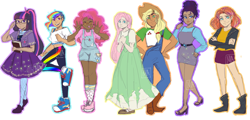 Size: 2605x1254 | Tagged: safe, artist:nichroniclesvsart, imported from derpibooru, applejack, fluttershy, pinkie pie, rainbow dash, rarity, sci-twi, sunset shimmer, twilight sparkle, human, equestria girls, book, clothes, converse, dark skin, diversity, dress, female, humane five, humane seven, humane six, jacket, leather jacket, overalls, shoes, shorts, simple background, sneakers, white background