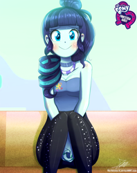 Size: 920x1160 | Tagged: safe, artist:the-butch-x, imported from derpibooru, part of a set, coloratura, equestria girls, blushing, breasts, butch's hello, choker, cleavage, clothes, commission, cute, equestria girls logo, female, hello x, looking at you, nervous, pants, rara, rarabetes, signature, sitting, smiling, solo, sweat, yoga pants