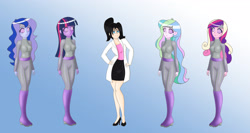 Size: 3333x1770 | Tagged: safe, artist:tigerssunshyn, imported from derpibooru, princess cadance, princess celestia, princess luna, twilight sparkle, oc, equestria girls, boots, clothes, dean cadance, female, headband, mind control, principal celestia, shoes, swirly eyes, uniform, vice principal luna