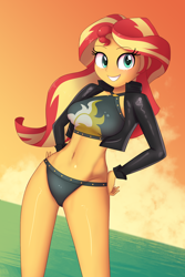 Size: 1280x1920 | Tagged: safe, alternate version, artist:zelc-face, edit, imported from derpibooru, sunset shimmer, human, equestria girls, adorasexy, beautiful, belly button, bikini, bikini bottom, black bikini, black swimsuit, breasts, bubble, busty sunset shimmer, clothes, cute, cutie mark swimsuit, female, jacket, leather jacket, looking at you, midriff, sexy, shimmerbetes, smiling, solo, sunset, sunset shimmer's beach shorts swimsuit, swimsuit, thighs, water, zelc-face's swimsuits