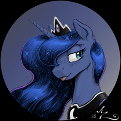 Size: 1281x1281 | Tagged: safe, artist:amarynceus, color edit, edit, imported from derpibooru, princess luna, alicorn, pony, :p, blushing, colored, female, freckles, mare, silluna, silly, simple background, solo, tongue out