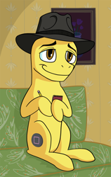 Size: 570x900 | Tagged: safe, artist:easydays, imported from derpibooru, pony, cole phelps, couch, doubt, fedora, hat, l.a. noire, meme, ponified, smug, solo