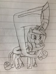 Size: 1536x2048 | Tagged: safe, artist:puffedcheekedblower, imported from derpibooru, princess cadance, pony, female, lined paper, musical instrument, pencil drawing, puffy cheeks, solo, sousaphone, traditional art, tuba