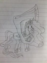 Size: 1024x1365 | Tagged: safe, artist:puffedcheekedblower, imported from derpibooru, princess celestia, pony, female, lined paper, musical instrument, pencil drawing, puffy cheeks, solo, sousaphone, traditional art, tuba