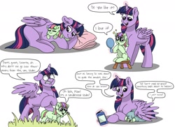 Size: 1971x1432 | Tagged: safe, artist:pastel-charms, imported from derpibooru, twilight sparkle, oc, oc:pansy everfree, alicorn, earth pony, pony, adopted offspring, blanket, book, cuddling, female, filly, glasses, magic, mother and daughter, parent:twilight sparkle, simple background, twilight sparkle (alicorn), white background