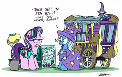 Size: 2434x1542 | Tagged: safe, artist:bobthedalek, imported from derpibooru, starlight glimmer, trixie, pony, unicorn, bikini, bucket, cape, car wash, caravan, clothes, glowing horn, hat, inconvenient trixie, magic, mud, sponge, starlight glimmer is not amused, starlight is not amused, swimsuit, telekinesis, third person, trixie's cape, trixie's hat, trixie's wagon, unamused