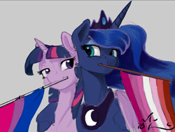 Size: 1200x900 | Tagged: safe, artist:amarynceus, imported from derpibooru, princess luna, twilight sparkle, alicorn, pony, bi twi, bilight sparkle, bisexual pride flag, female, freckles, lesbian, lesbian pride flag, lgbt, looking at each other, mare, mouth hold, pride, pride flag, pride month, shipping, twilight sparkle (alicorn), twiluna, wip