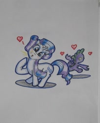 Size: 469x574 | Tagged: safe, artist:hillbe, imported from derpibooru, rarity, spike, blushing, female, heart, male, shipping, sparity, straight, traditional art