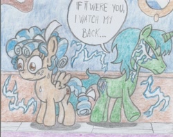 Size: 1324x1045 | Tagged: safe, artist:nephilim rider, imported from derpibooru, cozy glow, oc, oc:sparkbolt, marks for effort, engrish, female, filly, ow the edge, traditional art