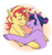 Size: 1280x1351 | Tagged: safe, artist:noabab, imported from derpibooru, sci-twi, sunset shimmer, twilight sparkle, pony, unicorn, equestria girls, blushing, crying, equestria girls ponified, female, heart, lesbian, ponified, scitwishimmer, shipping, simple background, sunsetsparkle, unicorn sci-twi, white background