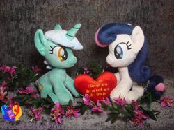Size: 3072x2304 | Tagged: safe, artist:1stastrastudio, imported from derpibooru, bon bon, lyra heartstrings, earth pony, pony, unicorn, female, flower, heart, irl, lesbian, lyrabon, mare, photo, plushie, shipping