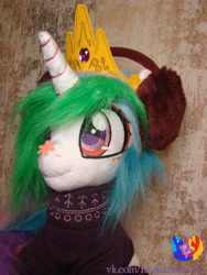 Size: 2304x3072 | Tagged: safe, artist:1stastrastudio, imported from derpibooru, princess celestia, alicorn, pony, clothes, earmuffs, irl, photo, plushie, snow, snowflake, solo, sweater