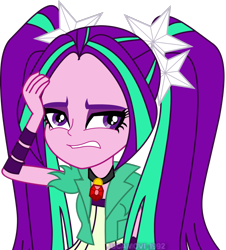 Size: 1600x1769 | Tagged: safe, artist:jucamovi1992, imported from derpibooru, aria blaze, equestria girls, rainbow rocks, clothes, female, forehead, gem, hand on head, lidded eyes, simple background, siren gem, solo, teeth, transparent background