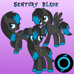 Size: 1080x1080 | Tagged: safe, artist:tacobender, imported from derpibooru, oc, oc only, oc:sentury blade, pegasus, pony, black and blue, commission, cutie mark, female, gradient background, mare, solo, theme, tron, vector, wings