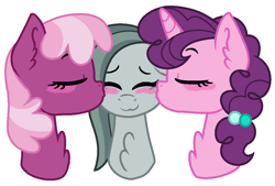 Size: 1068x724 | Tagged: safe, artist:geekcoffee, imported from derpibooru, cheerilee, marble pie, sugar belle, earth pony, pony, unicorn, blushing, cheek kiss, cheeribetes, chest fluff, cute, eyes closed, female, kiss on the cheek, kiss sandwich, kissing, lesbian, marbelle, marbilee, marblebetes, mare, polyamory, polygamy, shipping, simple background, sugarbetes, sugarlee, sugarmarilee, trio, white background